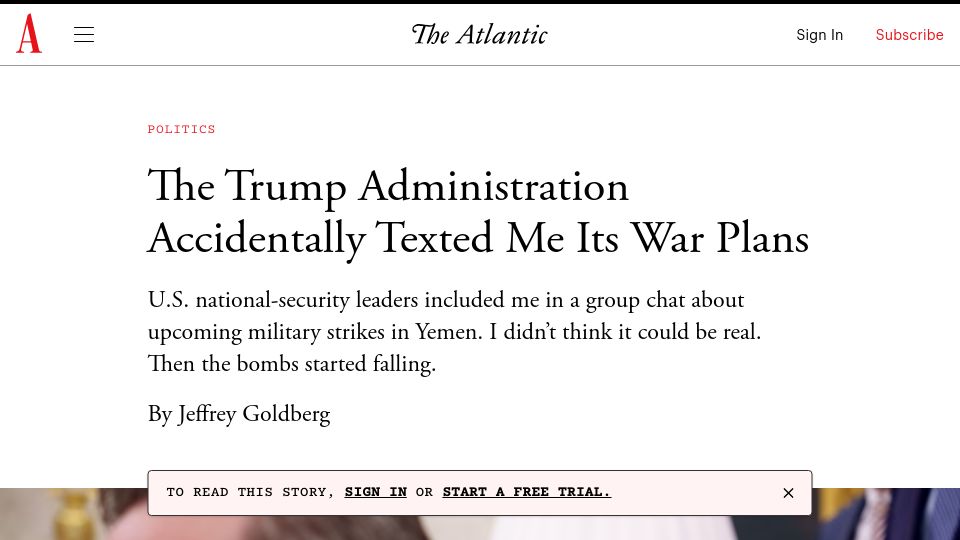 Screenshot of theatlantic.com: U.S. national-security leaders included me in a group chat