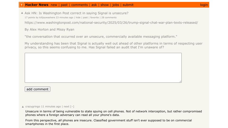 Screenshot of Hacker News post: Ask HN: Is Washington Post correct in saying Signal is unsecure?