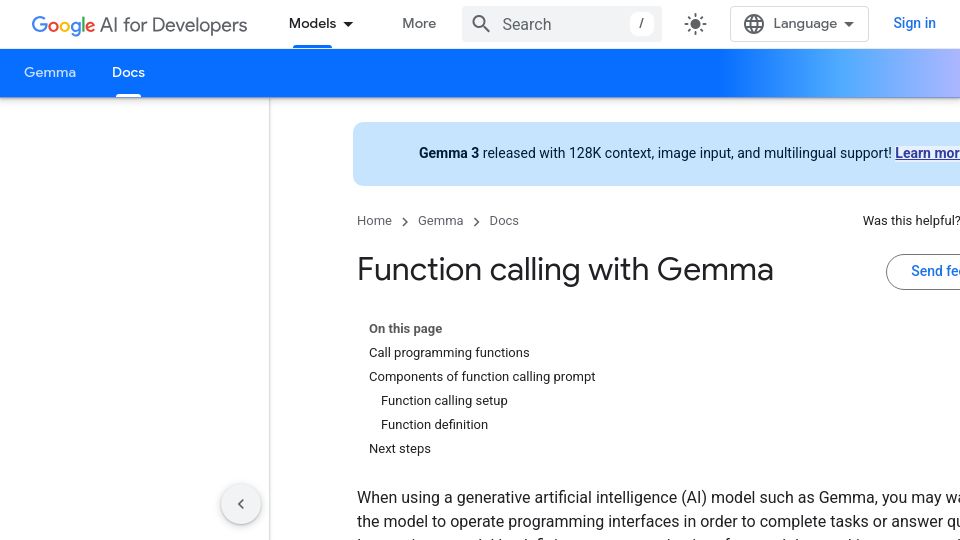 Screenshot of ai.google.dev: Gemma3 Function Calling