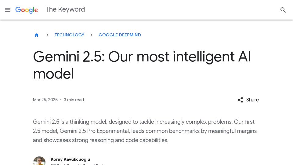 Screenshot of blog.google: Gemini 2.5