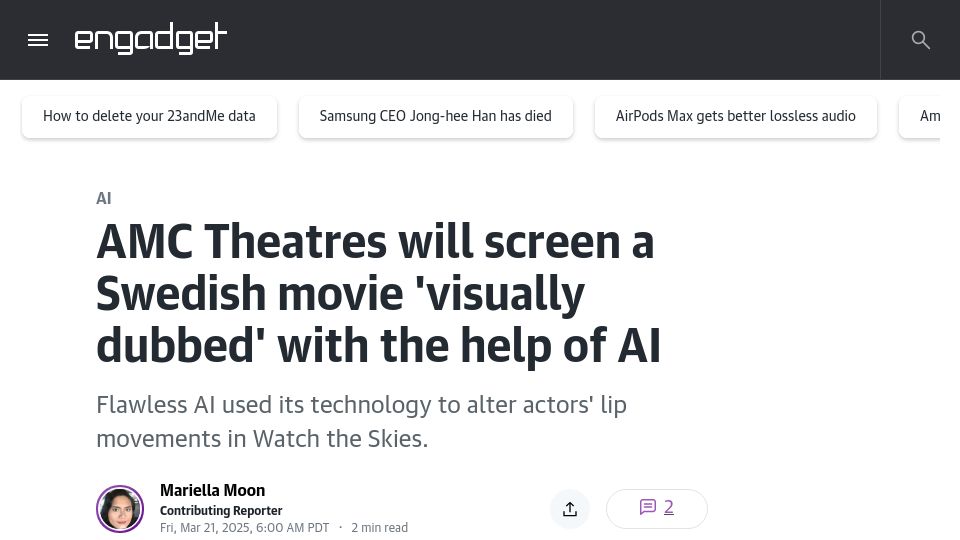 Screenshot of engadget.com: AMC Theatres will screen a Swedish movie 'visually dubbed' with the help of AI