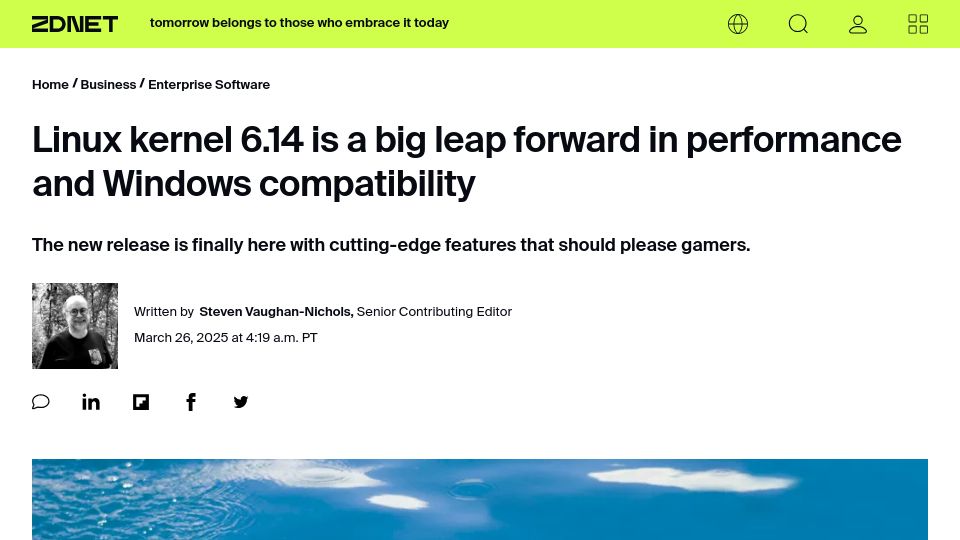 Screenshot of zdnet.com: Linux kernel 6.14 is a big leap forward in performance and Windows compatibility