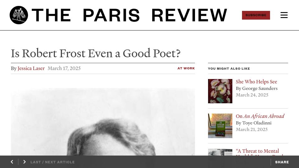 Screenshot of theparisreview.org: Is Robert Frost Even a Good Poet?