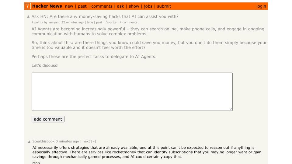 Screenshot of Hacker News post: Ask HN: Are there any money-saving hacks that AI can assist you with？