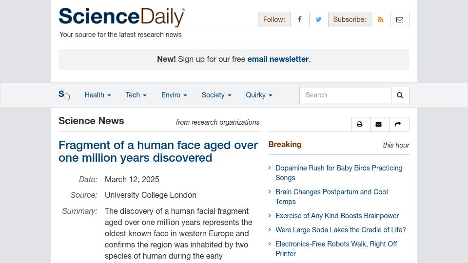 Screenshot of sciencedaily.com: Fragment of a human face aged over one million years discovered