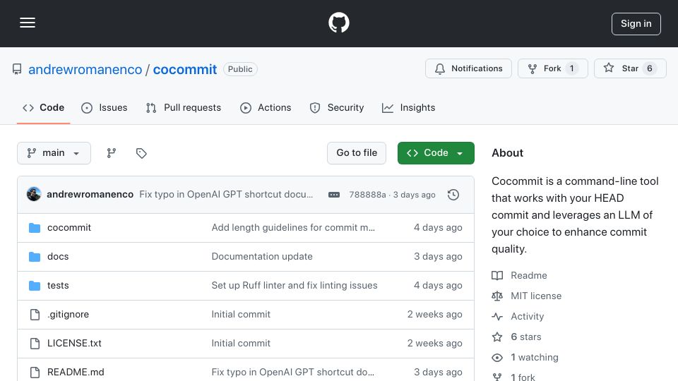 Screenshot of github.com: Show HN: Cocommit – A copilot for git commit