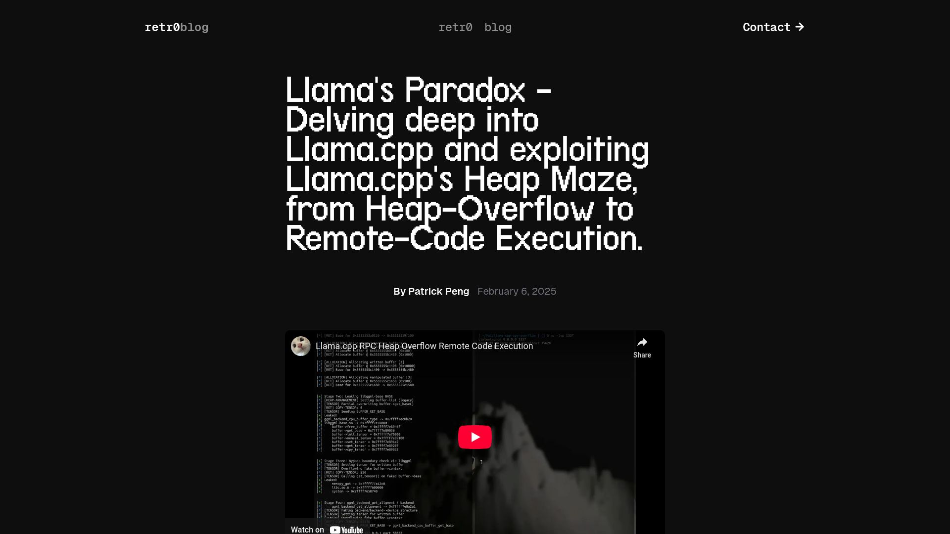 Screenshot of retr0.blog: Heap-overflowing Llama.cpp to RCE