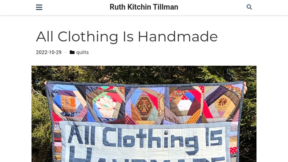 Screenshot of ruthtillman.com: All clothing is handmade (2022)