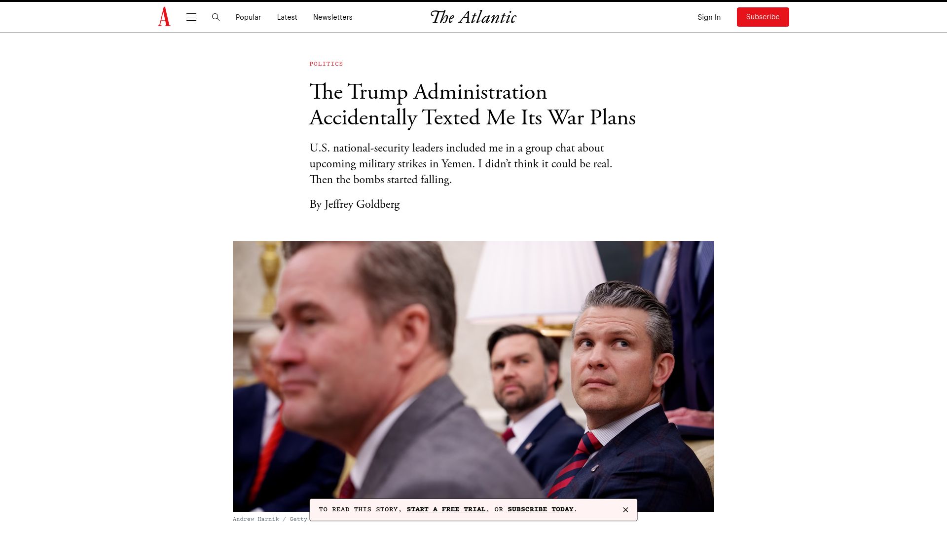 Screenshot of theatlantic.com: U.S. national-security leaders included me in a group chat