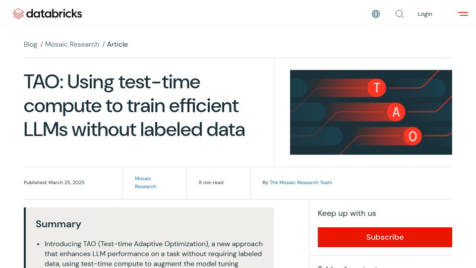 Screenshot of databricks.com: Tao: Using test-time compute to train efficient LLMs without labeled data