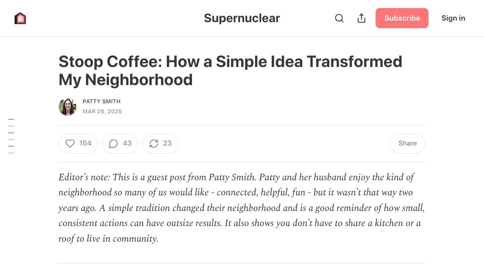 Screenshot of supernuclear.substack.com: Stoop Coffee: A simple idea transformed my neighborhood