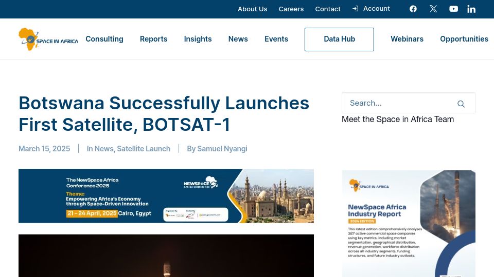 Screenshot of spaceinafrica.com: Botswana launches first satellite BOTSAT-1 aboard SpaceX Falcon 9