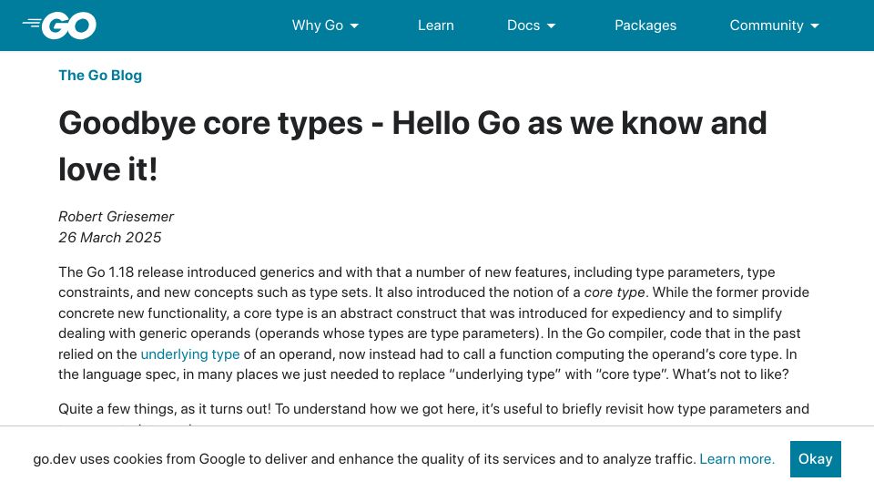 Screenshot of go.dev: Good-bye core types; Hello Go as we know and love it