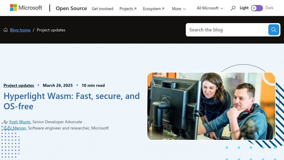 Screenshot of opensource.microsoft.com: Hyperlight WASM: Fast, secure, and OS-free