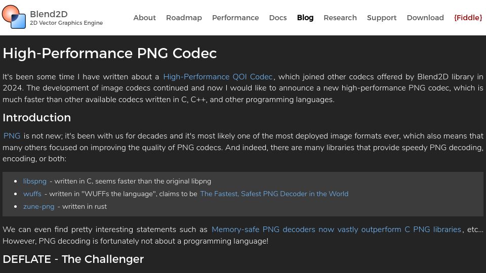 Screenshot of blend2d.com: High-Performance PNG Decoding