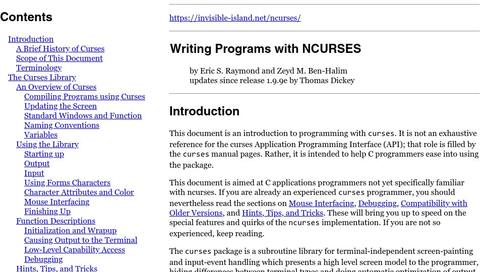 Screenshot of invisible-island.net: Writing Programs with Ncurses