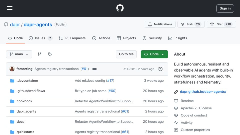 Screenshot of github.com: Show HN: New Agentic AI Framework in CNCF