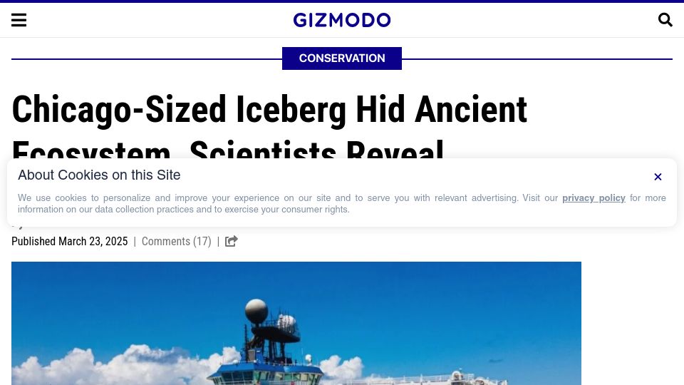 Screenshot of gizmodo.com: Chicago-Sized Iceberg Hid Ancient Ecosystem, Scientists Reveal