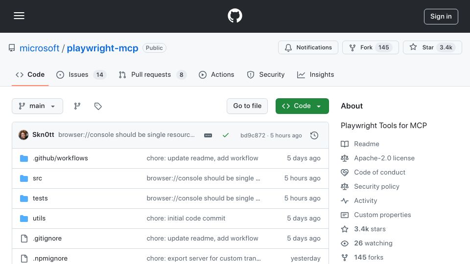 Screenshot of github.com: Playwright Tools for MCP