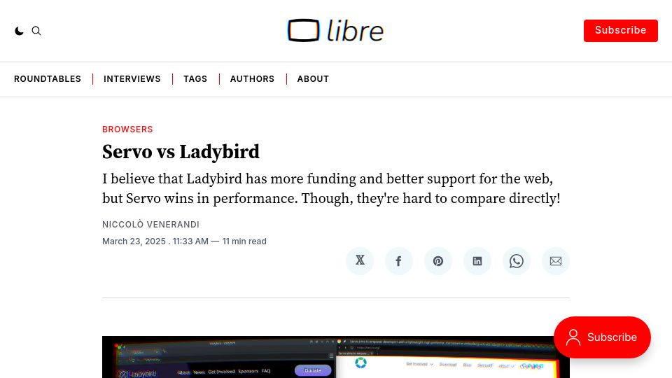 Screenshot of thelibre.news: Servo vs. Ladybird