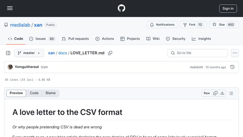 Screenshot of github.com: A love letter to the CSV format