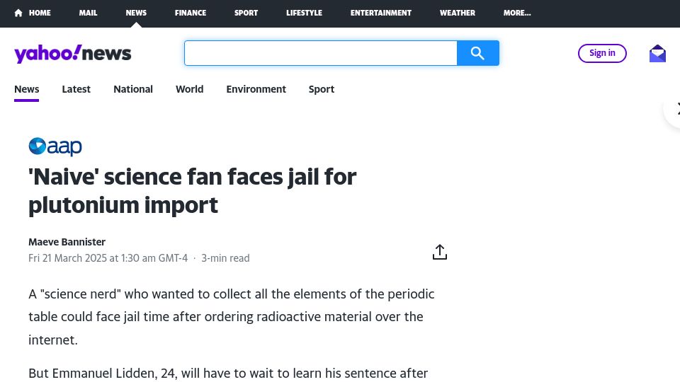 Screenshot of au.news.yahoo.com: 'Naive' science fan faces jail for plutonium import