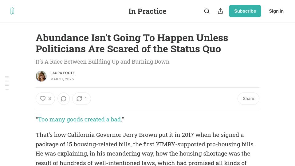 Screenshot of inpractice.yimbyaction.org: Abundance isn't going to happen unless politicians are scared of the status quo