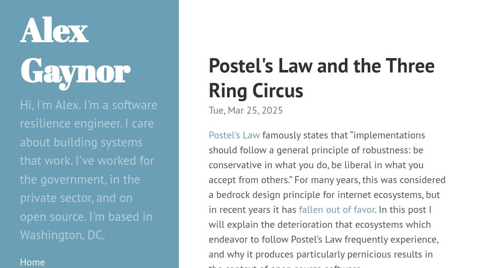 Screenshot of alexgaynor.net: Postel's Law and the Three Ring Circus