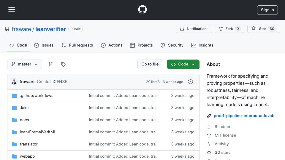 Screenshot of github.com: Show HN: Formal Verification for Machine Learning Models Using Lean 4