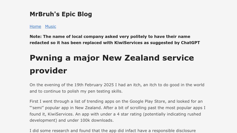 Screenshot of mrbruh.com: How I pwned a major New Zealand service provider