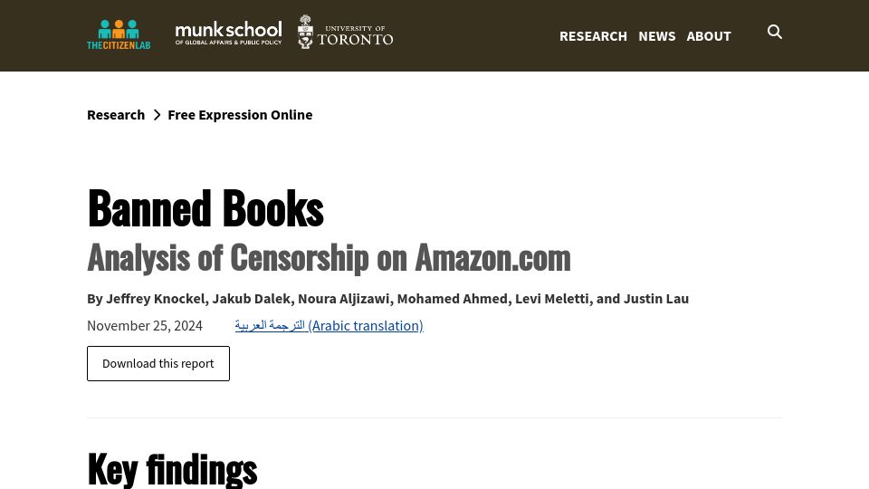 Screenshot of citizenlab.ca: Banned Books: Analysis of Censorship on Amazon.com (2024)