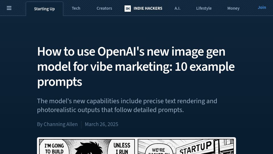 Screenshot of indiehackers.com: Vibe marketing prompts for OpenAI's new model