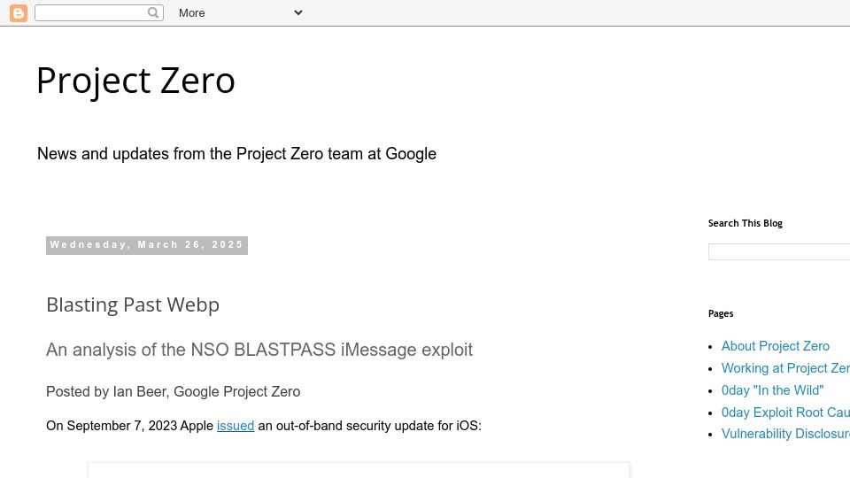 Screenshot of googleprojectzero.blogspot.com: Blasting Past WebP - An analysis of the NSO BLASTPASS iMessage exploit