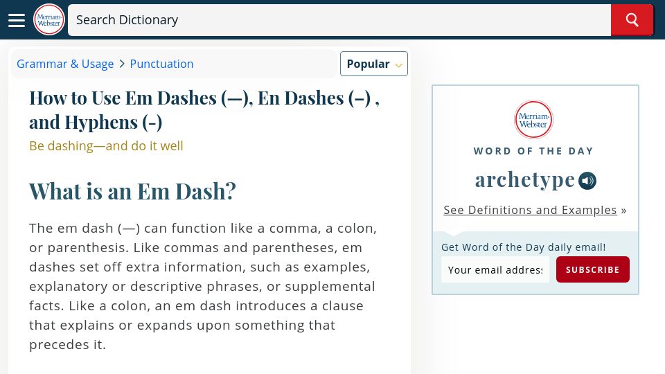 Screenshot of merriam-webster.com: How to Use Em Dashes (–), En Dashes (–), and Hyphens (-)