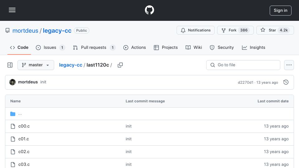 Screenshot of github.com: First C compiler source code from 1972