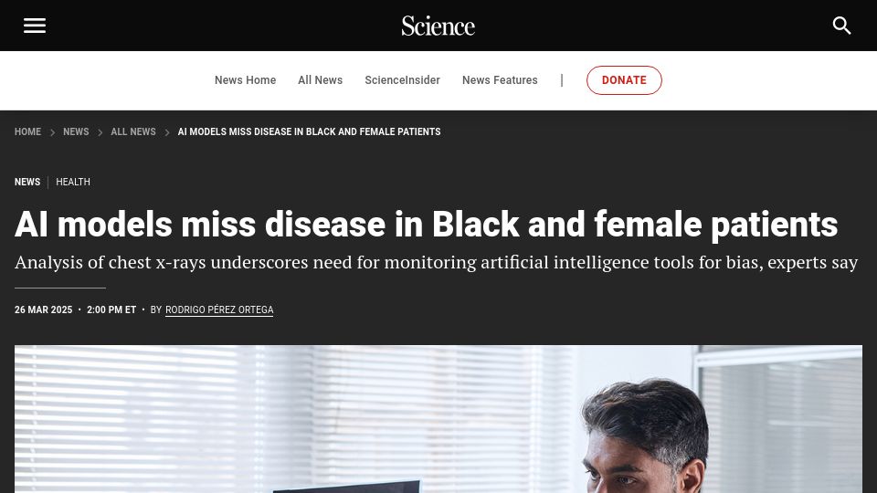 Screenshot of science.org: AI models miss disease in Black and female patients