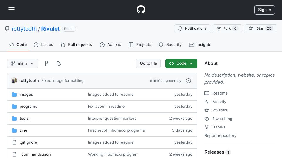 Screenshot of github.com: Source code art in the Rivulet language