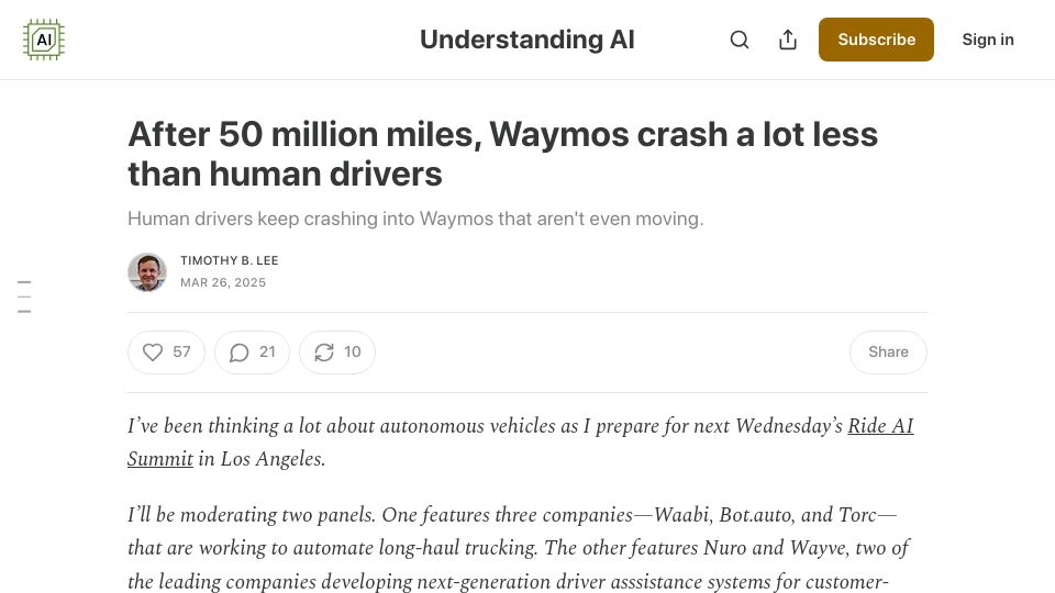 Screenshot of understandingai.org: Waymos crash less than human drivers