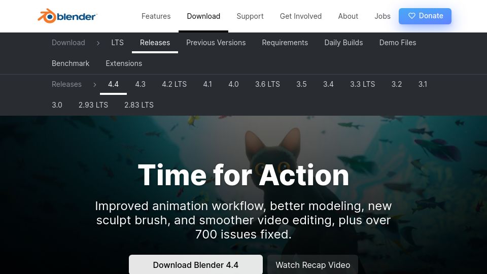 Screenshot of blender.org: Blender releases their Oscar winning version tool