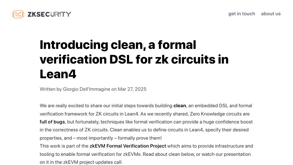 Screenshot of blog.zksecurity.xyz: Clean, a formal verification DSL for ZK circuits in Lean4