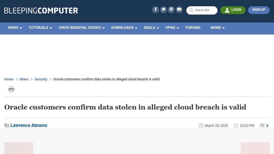 Screenshot of bleepingcomputer.com: Oracle customers confirm data stolen in alleged cloud breach is valid