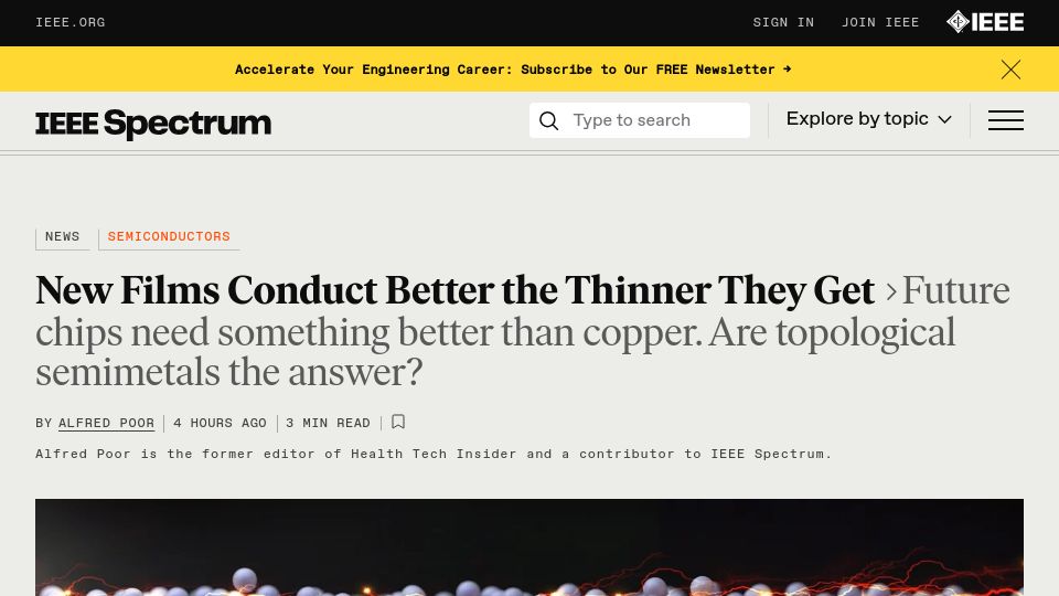 Screenshot of spectrum.ieee.org: Thinner Films Conduct Better Than Copper