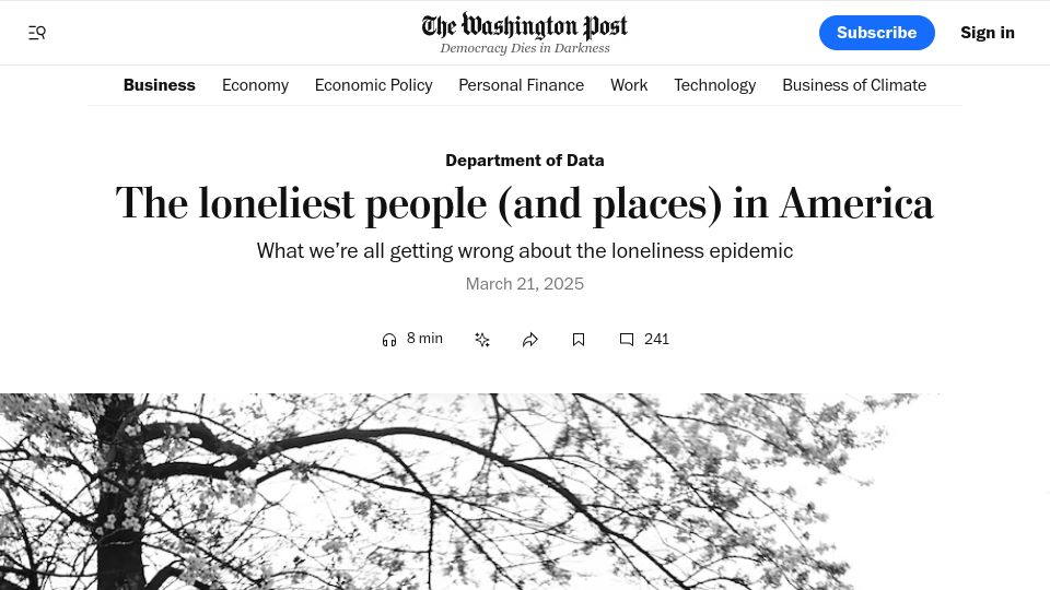 Screenshot of washingtonpost.com: The loneliest people (and places) in America