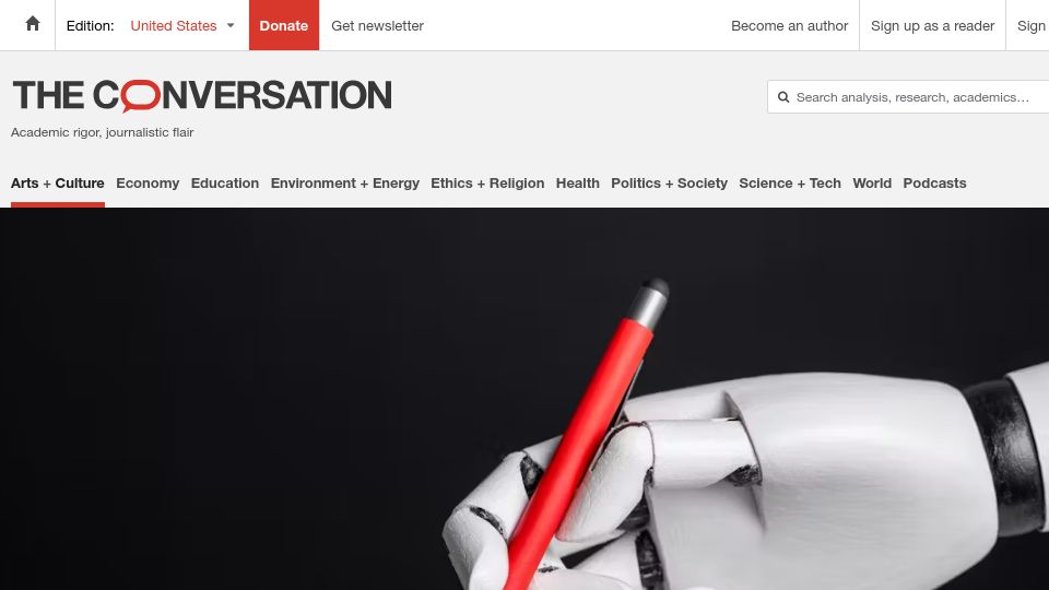 Screenshot of theconversation.com: People say they prefer stories written by humans over AI, study says otherwise