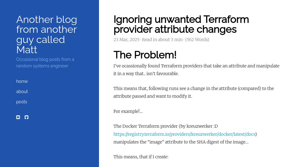 Screenshot of blog.mattsbit.co.uk: Ignoring unwanted Terraform attribute changes