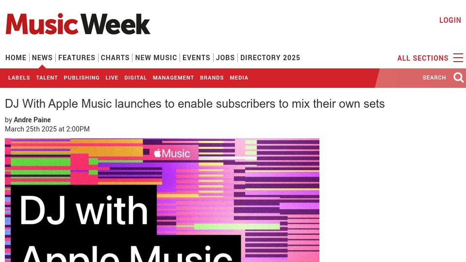 Screenshot of musicweek.com: DJ With Apple Music launches to enable subscribers to mix their own sets