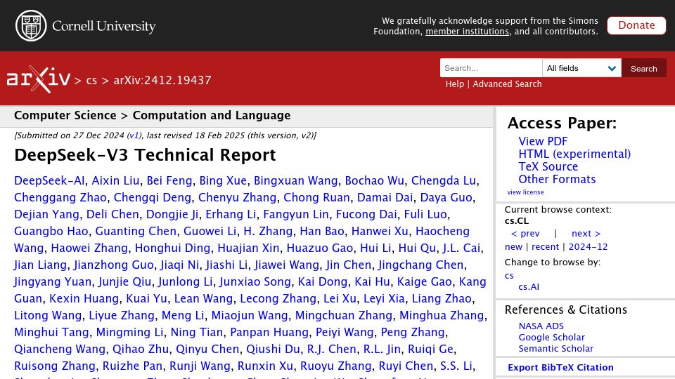 Screenshot of arxiv.org: DeepSeek-V3 Technical Report