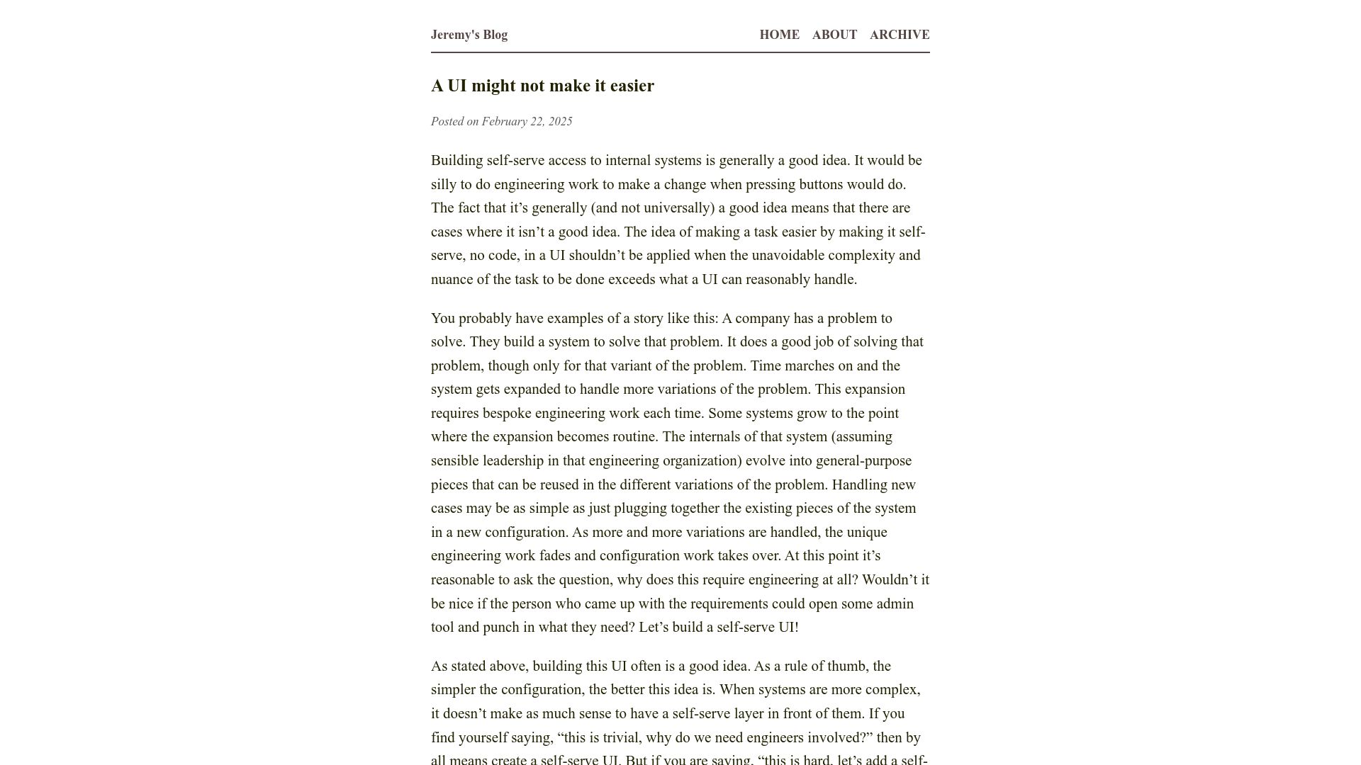 Screenshot of jeremymikkola.com: A UI might not make it easier