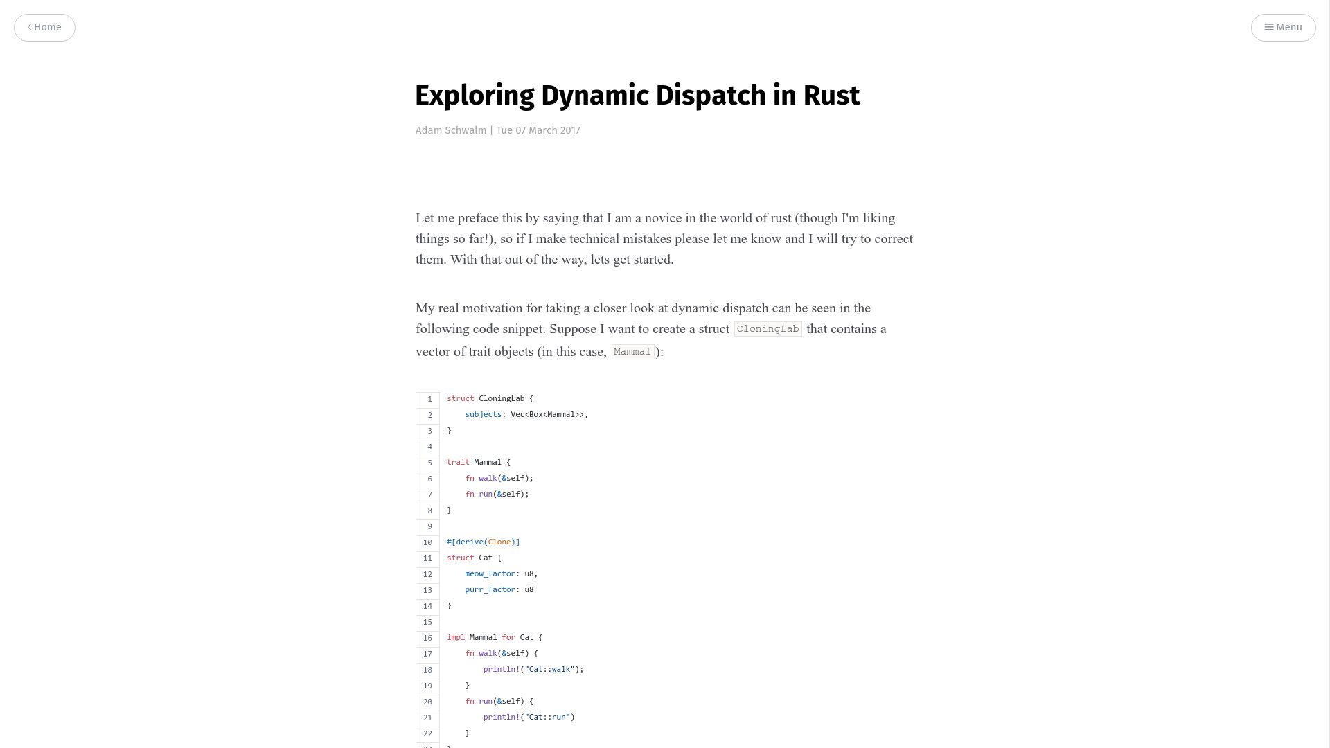 Screenshot of alschwalm.com: Exploring Dynamic Dispatch in Rust