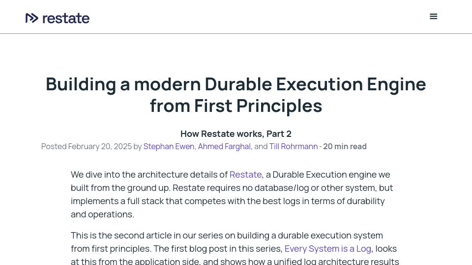 Screenshot of restate.dev: Building a modern durable execution engine from first principles